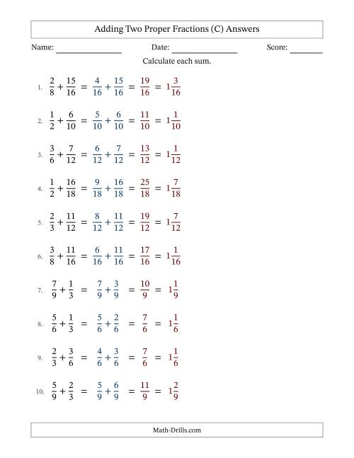 The Adding Two Proper Fractions with Similar Denominators, Mixed Fractions Results and No Simplifying (Fillable) (C) Math Worksheet Page 2