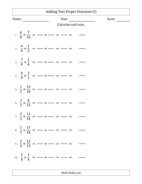 The Adding Two Proper Fractions with Similar Denominators, Mixed Fractions Results and No Simplifying (Fillable) (I) Math Worksheet