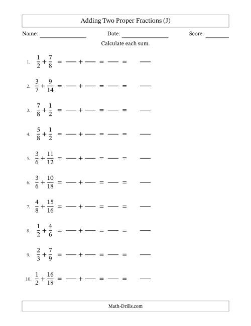 The Adding Two Proper Fractions with Similar Denominators, Mixed Fractions Results and No Simplifying (Fillable) (J) Math Worksheet