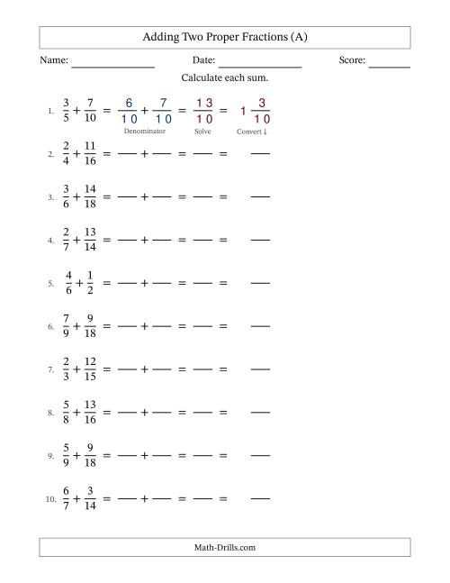 The Adding Two Proper Fractions with Similar Denominators, Mixed Fractions Results and No Simplifying (Fillable) (All) Math Worksheet