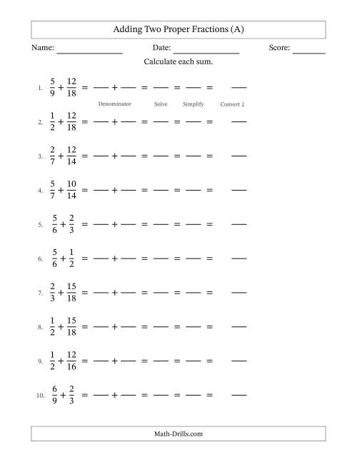 The Adding Two Proper Fractions with Similar Denominators, Mixed Fractions Results and All Simplifying (Fillable) (A) Math Worksheet