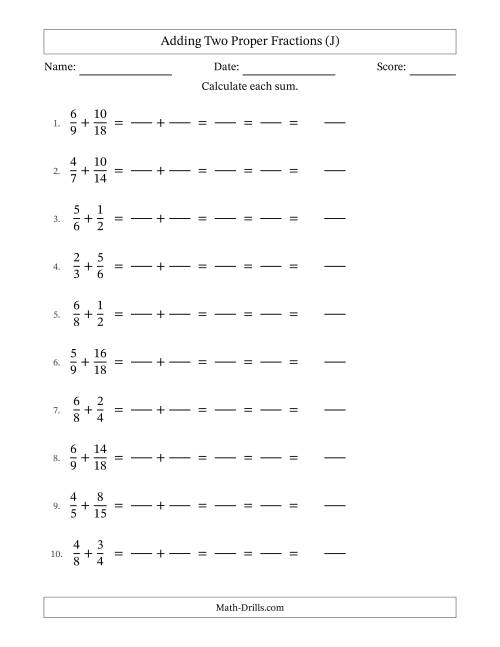 The Adding Two Proper Fractions with Similar Denominators, Mixed Fractions Results and All Simplifying (Fillable) (J) Math Worksheet