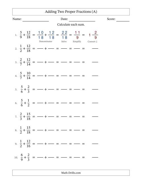 The Adding Two Proper Fractions with Similar Denominators, Mixed Fractions Results and All Simplifying (Fillable) (All) Math Worksheet
