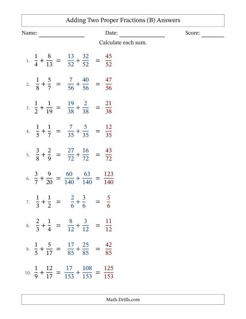The Adding Two Proper Fractions with Unlike Denominators, Proper Fractions Results and No Simplifying (Fillable) (B) Math Worksheet Page 2