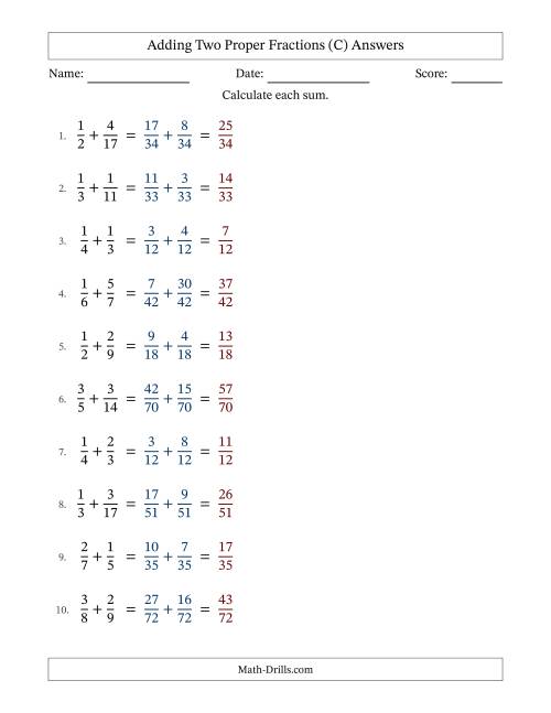 The Adding Two Proper Fractions with Unlike Denominators, Proper Fractions Results and No Simplifying (Fillable) (C) Math Worksheet Page 2