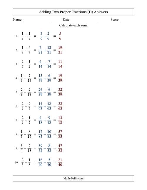 The Adding Two Proper Fractions with Unlike Denominators, Proper Fractions Results and No Simplifying (Fillable) (D) Math Worksheet Page 2