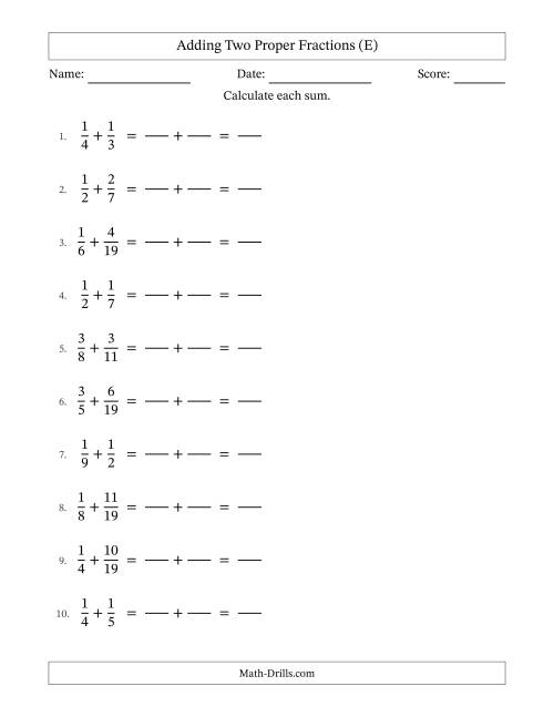 The Adding Two Proper Fractions with Unlike Denominators, Proper Fractions Results and No Simplifying (Fillable) (E) Math Worksheet