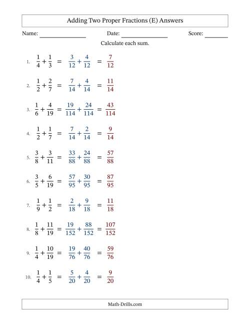 The Adding Two Proper Fractions with Unlike Denominators, Proper Fractions Results and No Simplifying (Fillable) (E) Math Worksheet Page 2