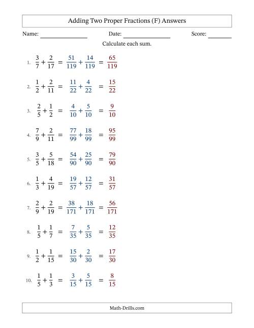 The Adding Two Proper Fractions with Unlike Denominators, Proper Fractions Results and No Simplifying (Fillable) (F) Math Worksheet Page 2