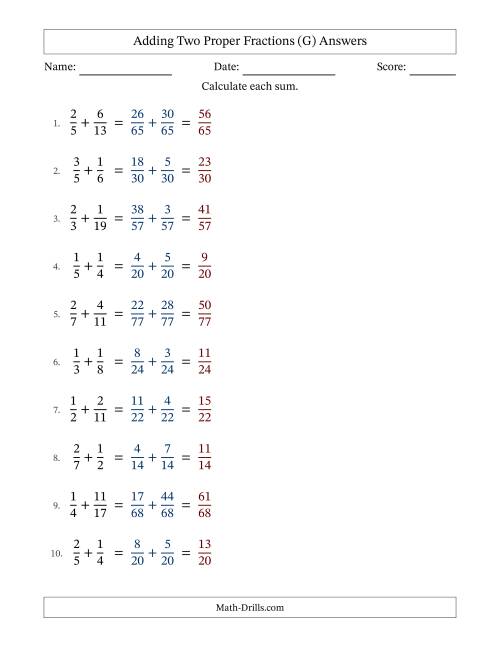 The Adding Two Proper Fractions with Unlike Denominators, Proper Fractions Results and No Simplifying (Fillable) (G) Math Worksheet Page 2