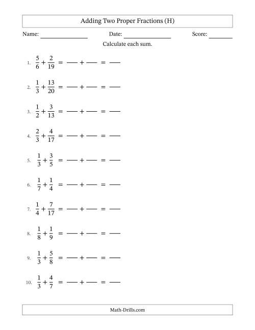 The Adding Two Proper Fractions with Unlike Denominators, Proper Fractions Results and No Simplifying (Fillable) (H) Math Worksheet