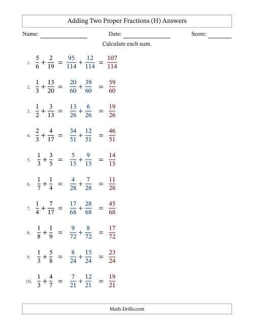 The Adding Two Proper Fractions with Unlike Denominators, Proper Fractions Results and No Simplifying (Fillable) (H) Math Worksheet Page 2