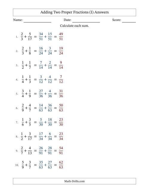 The Adding Two Proper Fractions with Unlike Denominators, Proper Fractions Results and No Simplifying (Fillable) (I) Math Worksheet Page 2