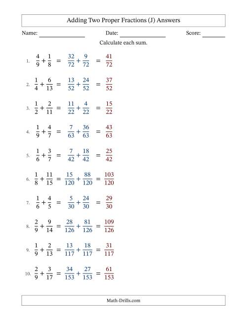 The Adding Two Proper Fractions with Unlike Denominators, Proper Fractions Results and No Simplifying (Fillable) (J) Math Worksheet Page 2