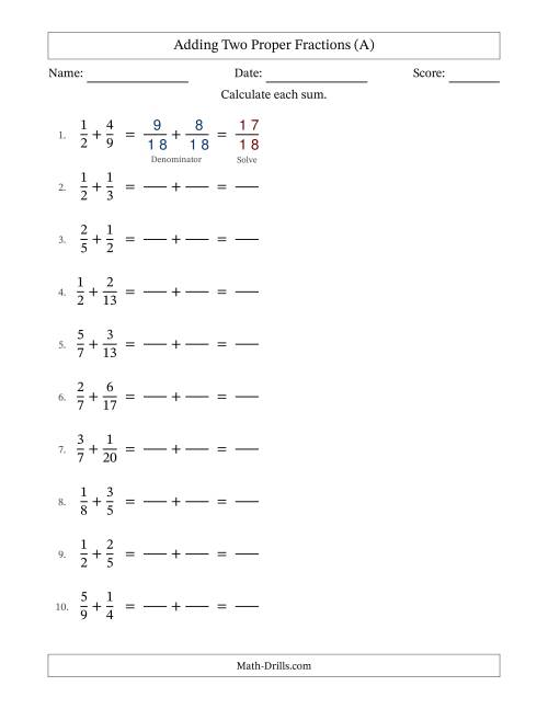 The Adding Two Proper Fractions with Unlike Denominators, Proper Fractions Results and No Simplifying (Fillable) (All) Math Worksheet