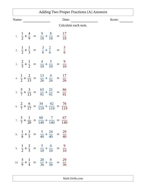 The Adding Two Proper Fractions with Unlike Denominators, Proper Fractions Results and No Simplifying (Fillable) (All) Math Worksheet Page 2