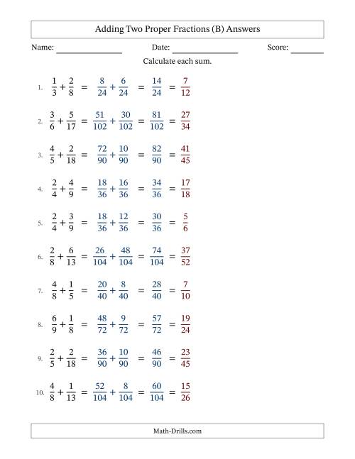 The Adding Two Proper Fractions with Unlike Denominators, Proper Fractions Results and All Simplifying (Fillable) (B) Math Worksheet Page 2