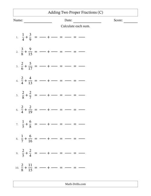 The Adding Two Proper Fractions with Unlike Denominators, Proper Fractions Results and All Simplifying (Fillable) (C) Math Worksheet