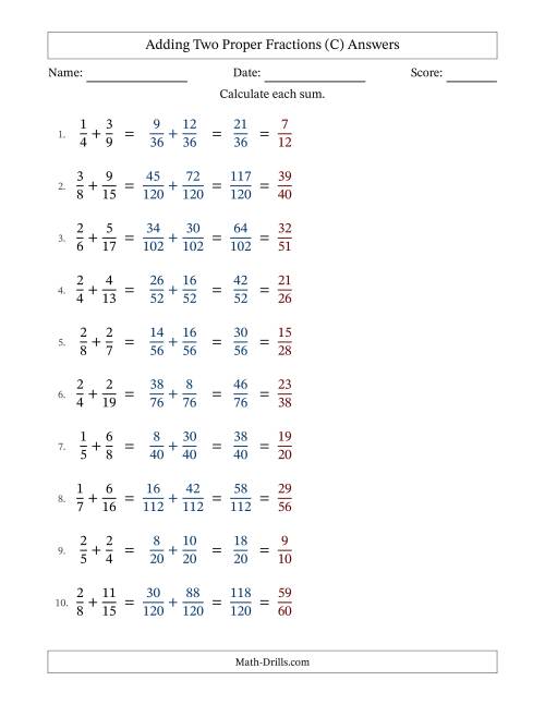 The Adding Two Proper Fractions with Unlike Denominators, Proper Fractions Results and All Simplifying (Fillable) (C) Math Worksheet Page 2