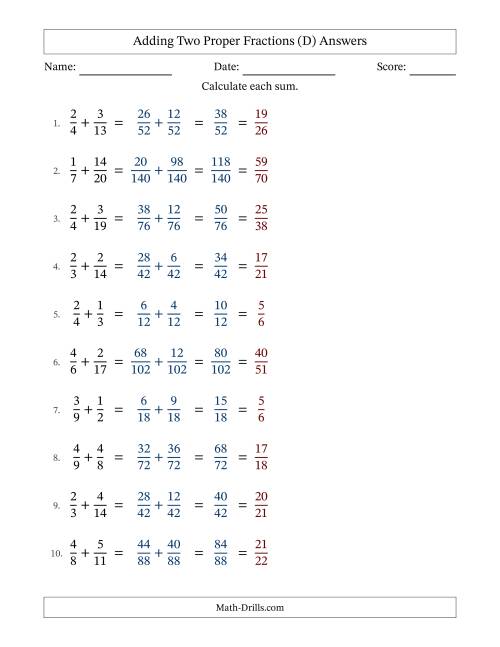 The Adding Two Proper Fractions with Unlike Denominators, Proper Fractions Results and All Simplifying (Fillable) (D) Math Worksheet Page 2