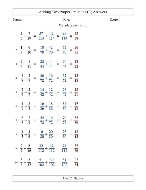 The Adding Two Proper Fractions with Unlike Denominators, Proper Fractions Results and All Simplifying (Fillable) (E) Math Worksheet Page 2