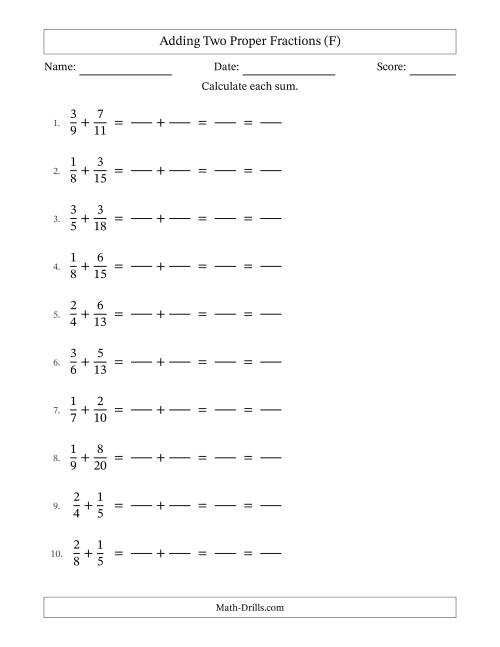 The Adding Two Proper Fractions with Unlike Denominators, Proper Fractions Results and All Simplifying (Fillable) (F) Math Worksheet
