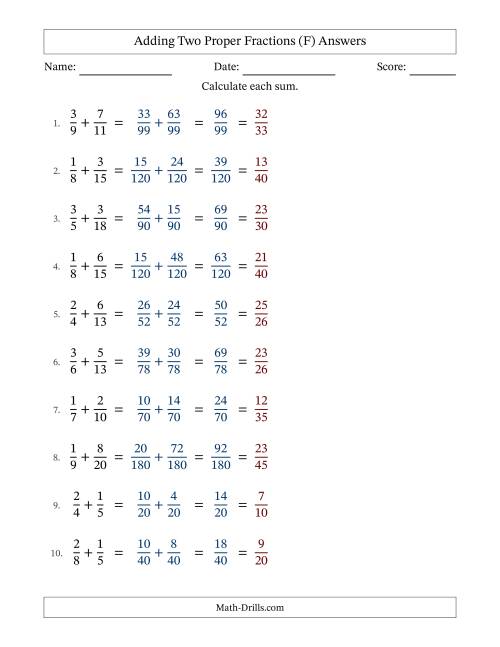 The Adding Two Proper Fractions with Unlike Denominators, Proper Fractions Results and All Simplifying (Fillable) (F) Math Worksheet Page 2
