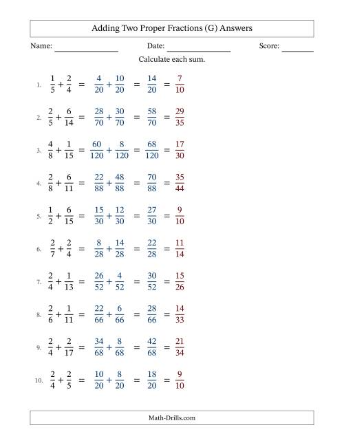 The Adding Two Proper Fractions with Unlike Denominators, Proper Fractions Results and All Simplifying (Fillable) (G) Math Worksheet Page 2