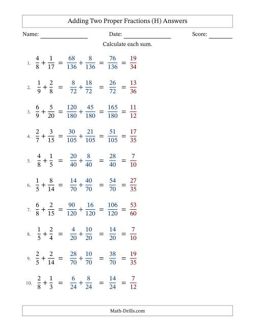 The Adding Two Proper Fractions with Unlike Denominators, Proper Fractions Results and All Simplifying (Fillable) (H) Math Worksheet Page 2
