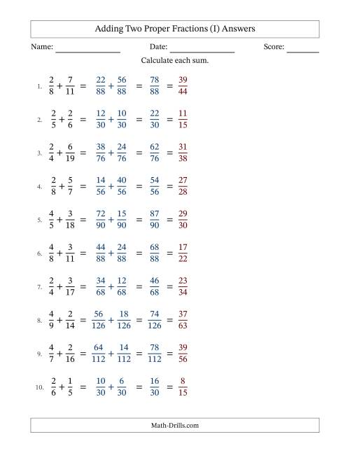The Adding Two Proper Fractions with Unlike Denominators, Proper Fractions Results and All Simplifying (Fillable) (I) Math Worksheet Page 2