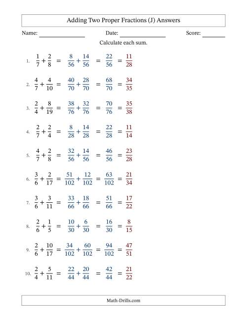 The Adding Two Proper Fractions with Unlike Denominators, Proper Fractions Results and All Simplifying (Fillable) (J) Math Worksheet Page 2