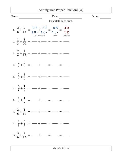 The Adding Two Proper Fractions with Unlike Denominators, Proper Fractions Results and All Simplifying (Fillable) (All) Math Worksheet