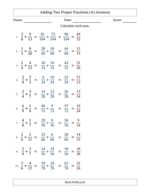 The Adding Two Proper Fractions with Unlike Denominators, Proper Fractions Results and All Simplifying (Fillable) (All) Math Worksheet Page 2