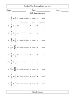 Adding Two Proper Fractions with Unlike Denominators, Mixed Fractions Results and No Simplifying (Fillable)