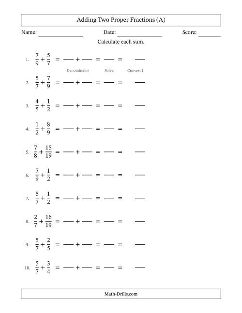 The Adding Two Proper Fractions with Unlike Denominators, Mixed Fractions Results and No Simplifying (Fillable) (A) Math Worksheet