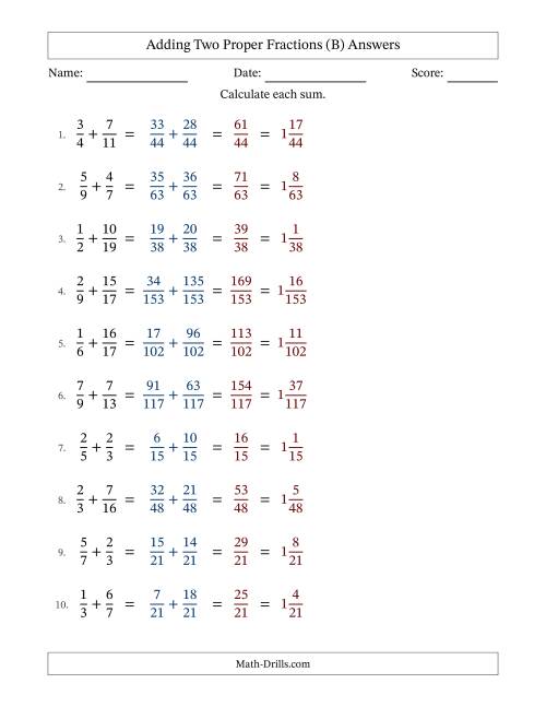 The Adding Two Proper Fractions with Unlike Denominators, Mixed Fractions Results and No Simplifying (Fillable) (B) Math Worksheet Page 2