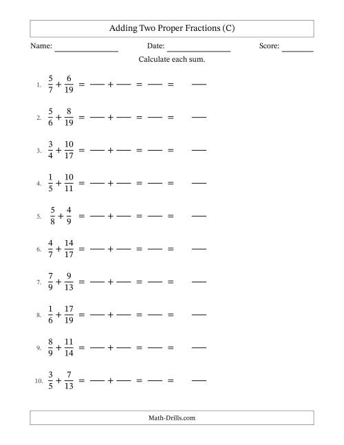 The Adding Two Proper Fractions with Unlike Denominators, Mixed Fractions Results and No Simplifying (Fillable) (C) Math Worksheet