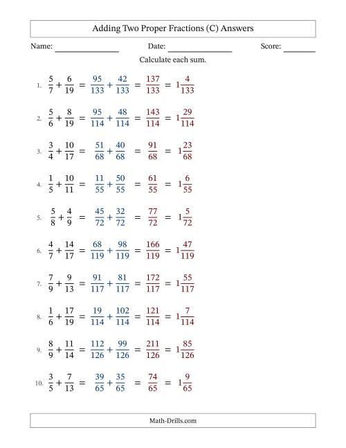 The Adding Two Proper Fractions with Unlike Denominators, Mixed Fractions Results and No Simplifying (Fillable) (C) Math Worksheet Page 2