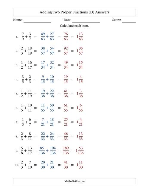 The Adding Two Proper Fractions with Unlike Denominators, Mixed Fractions Results and No Simplifying (Fillable) (D) Math Worksheet Page 2