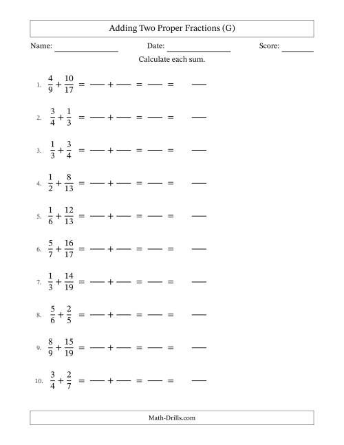The Adding Two Proper Fractions with Unlike Denominators, Mixed Fractions Results and No Simplifying (Fillable) (G) Math Worksheet