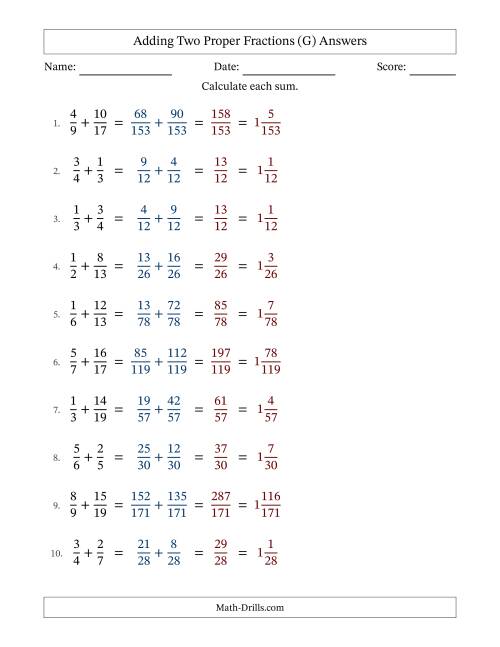The Adding Two Proper Fractions with Unlike Denominators, Mixed Fractions Results and No Simplifying (Fillable) (G) Math Worksheet Page 2