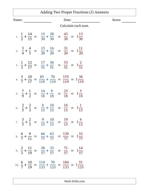 The Adding Two Proper Fractions with Unlike Denominators, Mixed Fractions Results and No Simplifying (Fillable) (J) Math Worksheet Page 2