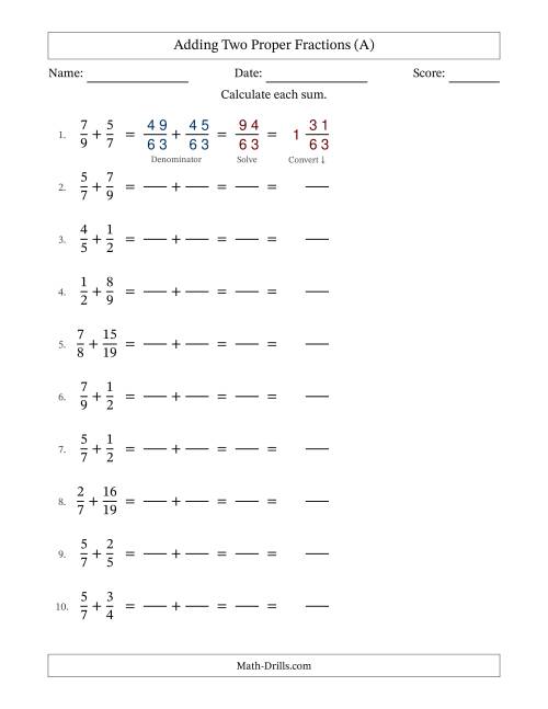 The Adding Two Proper Fractions with Unlike Denominators, Mixed Fractions Results and No Simplifying (Fillable) (All) Math Worksheet