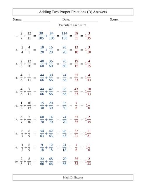 The Adding Two Proper Fractions with Unlike Denominators, Mixed Fractions Results and All Simplifying (Fillable) (B) Math Worksheet Page 2