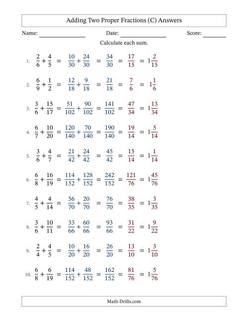 The Adding Two Proper Fractions with Unlike Denominators, Mixed Fractions Results and All Simplifying (Fillable) (C) Math Worksheet Page 2