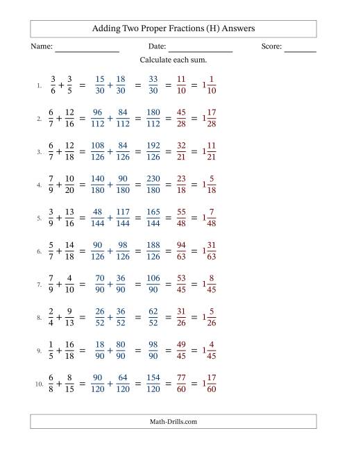 The Adding Two Proper Fractions with Unlike Denominators, Mixed Fractions Results and All Simplifying (Fillable) (H) Math Worksheet Page 2