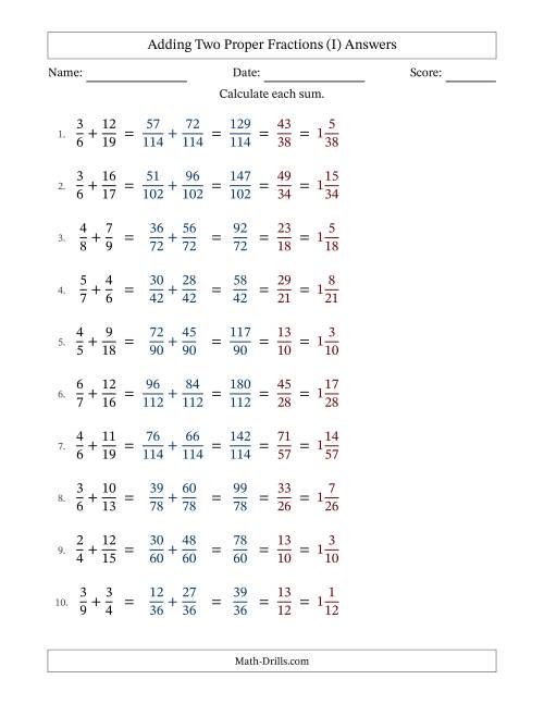 The Adding Two Proper Fractions with Unlike Denominators, Mixed Fractions Results and All Simplifying (Fillable) (I) Math Worksheet Page 2