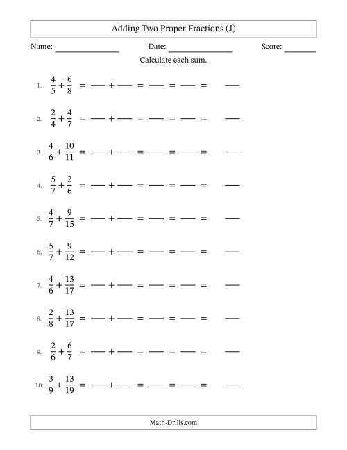 The Adding Two Proper Fractions with Unlike Denominators, Mixed Fractions Results and All Simplifying (Fillable) (J) Math Worksheet