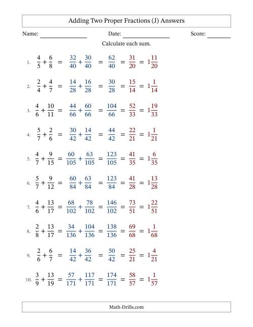 The Adding Two Proper Fractions with Unlike Denominators, Mixed Fractions Results and All Simplifying (Fillable) (J) Math Worksheet Page 2
