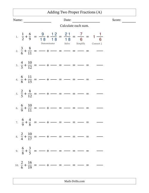 The Adding Two Proper Fractions with Unlike Denominators, Mixed Fractions Results and All Simplifying (Fillable) (All) Math Worksheet